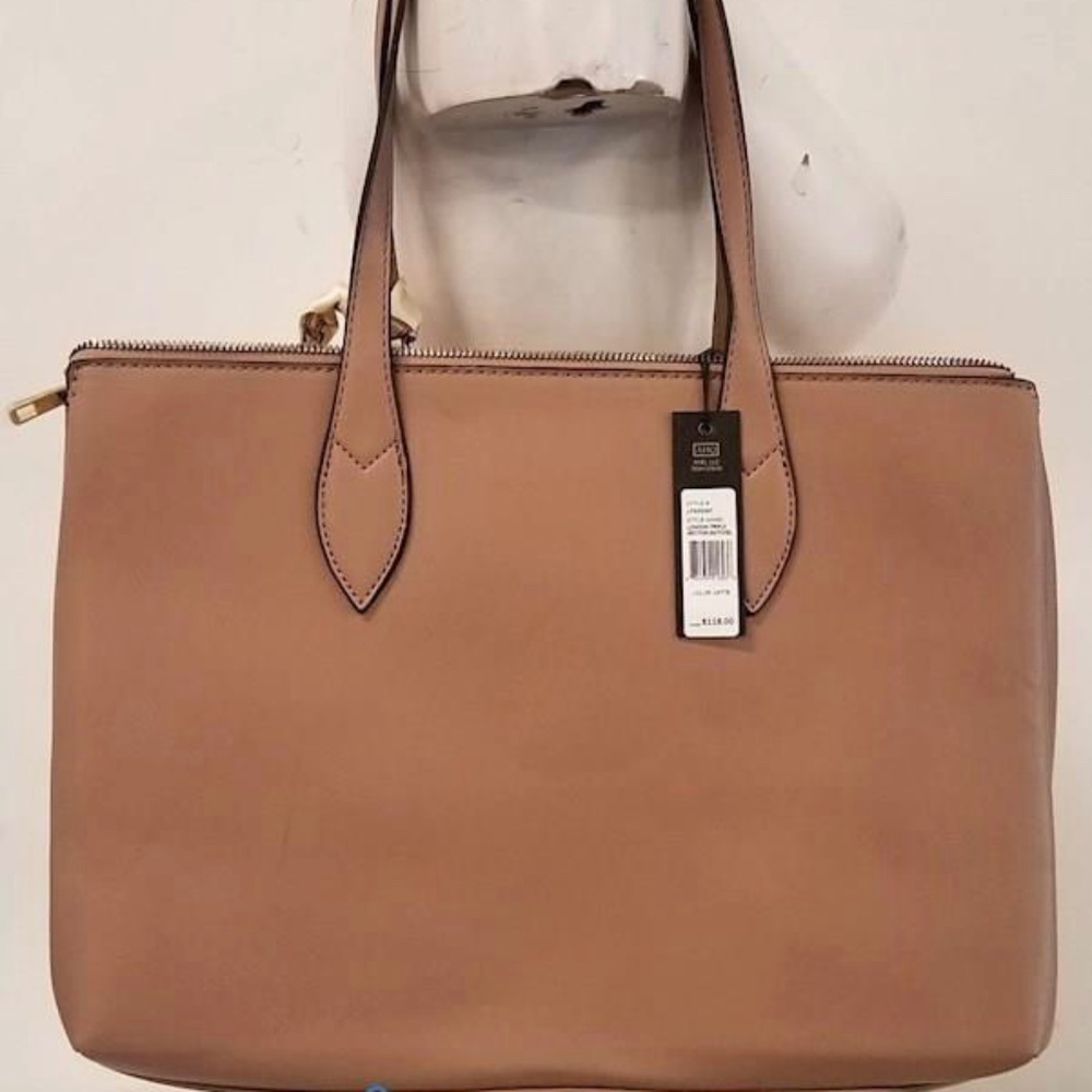 NWT London Fog Latte Tan Vegan Leather Double Handled Handbag